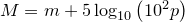 $M=m+5\log _{10}\left(10^{2}p\right)$