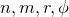 $n,m,r,\phi $